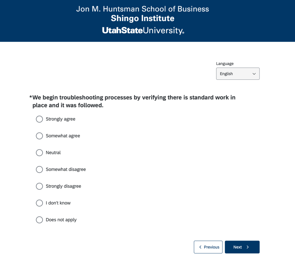 Screenshot of a survey question from Shingo Insight: "We begin troubleshooting processes by verifying there is standard work in place and it was followed." With the answer options: Strongly Agree, Somewhat Agree, Neutral, Somewhat Disagree, Strongly Disagree, I don't know, Does not apply.
